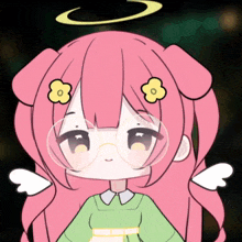 a girl with pink hair and glasses has a yellow flower on her forehead