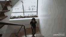a woman is walking down a set of wooden stairs made in animatica