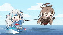 a cartoon of a girl pulling another girl on a rope