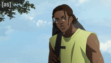 a man wearing glasses and a yellow tank top is walking with a backpack