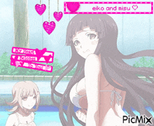 a picture of a girl in a bikini with the words eiko and misu on the top