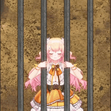 a girl with pink hair is behind bars