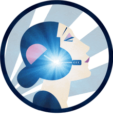 an illustration of a woman wearing a headset with the letter cc on it