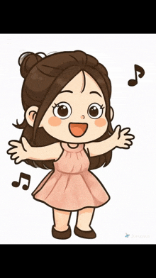 a cartoon drawing of a girl in a pink dress with music notes behind her