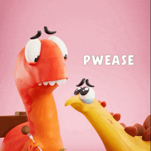 a cartoon of a dinosaur holding a fork next to another dinosaur with pwease written on the bottom