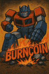 a cartoon drawing of a robot with burn coin written on it
