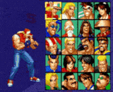 a video game character stands in front of a selection of characters