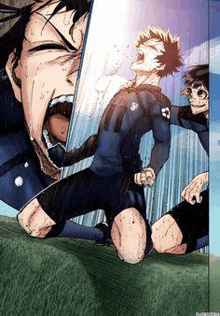 a man in a blue shirt is kneeling down next to another man in a soccer uniform .