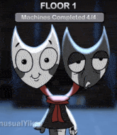 a cartoon character with two faces and the words floor 1 machines completed 3/4