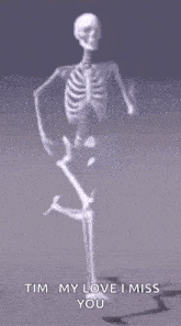 a skeleton is dancing in the dark and says `` tim my love i miss you '' .