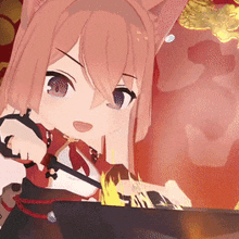 a cartoon girl with cat ears is holding a knife over a fire