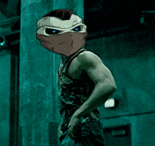a man wearing a mask with a cartoon face on it