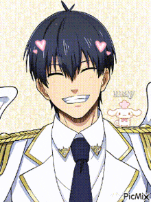 a man in a white suit and tie is smiling with hearts on his head .