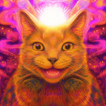 a colorful painting of a cat with a light shining on its head
