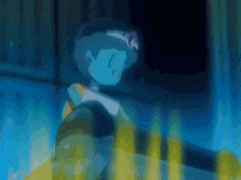 a cartoon character is standing in a dark room holding a sword