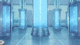 a room with a lot of blue cylinders and a letter p on the floor