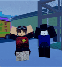 two roblox characters are standing next to each other in front of a yellow truck that says king city