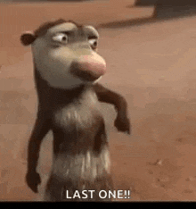 a cartoon opossum is standing on a dirt road and says `` last one '' .