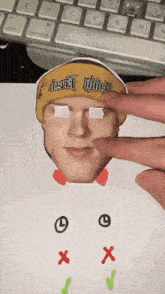 a paper cut out of a man 's face with a yellow headband that says just what