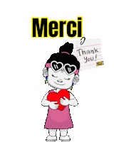 a cartoon girl holding a heart next to a note that says thank you