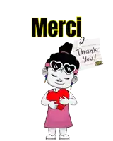 a cartoon girl holding a heart next to a note that says thank you