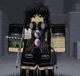 a cartoon character wearing a gas mask and crutches is standing in a dark room