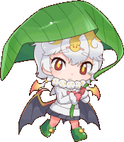 a drawing of a girl with bat wings holding a green leaf