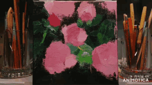 a painting of pink flowers on a black background made in animotica