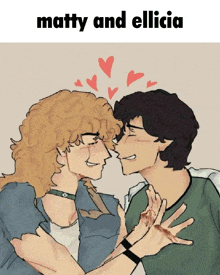 a drawing of matty and elicia kissing with hearts above them
