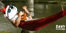 a man is laying in a hammock playing an ukulele and the words davy do nothing are on the bottom