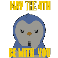 a penguin is holding a green light saber and the words may the 4th be with you