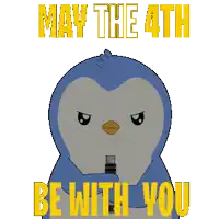 a penguin is holding a green light saber and the words may the 4th be with you