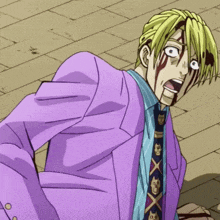 a man in a purple suit and tie with skulls on it