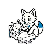 a cartoon of a wolf petting a kitten in a bed that says no quit