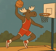 a basketball is going through a basketball hoop with a moose in the background