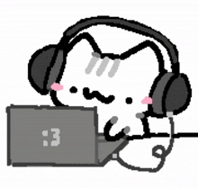 a pixel art of a cat wearing headphones and looking at a laptop with the number 3 on the screen