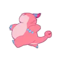 a cartoon drawing of a pink dragon with blue paws