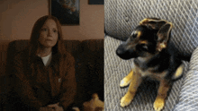 a woman sitting on a couch next to a puppy sitting on a couch