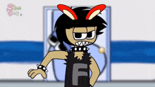 a cartoon character with bunny ears and the letter f on his chest