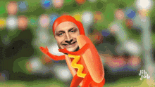 a cartoon of a man dressed as a hot dog with jib job written on the bottom
