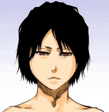 a drawing of a boy with black hair and red eyes .