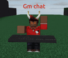 a cartoon character with horns is holding a keyboard and says gm chat in red letters