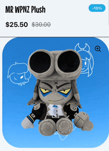 a mr wpnz plush is sitting on a blue background