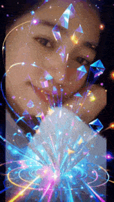 a woman 's face is surrounded by glowing crystals in a painting
