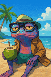 a frog wearing glasses and a hat sits on a beach holding a coconut drink