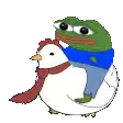 a green frog is sitting on top of a white chicken wearing a scarf .