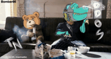 a cartoon of a teddy bear smoking a bong next to a cartoon of a dinosaur smoking a pipe