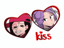 a couple of hearts with the word kiss in red