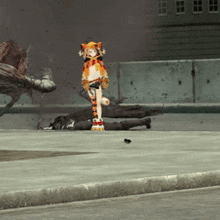 a video game character is standing on a sidewalk next to a man laying on the ground