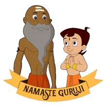 a cartoon of a man with a beard and a boy with a namaste guruji banner